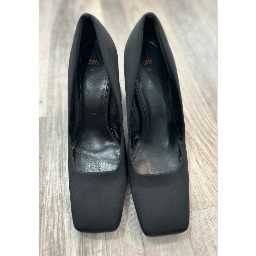 Zara Women’s Squared Toe Black Block Heel Pumps Shoes Size 39/8.5 Satin Classic - Picture 10 of 11